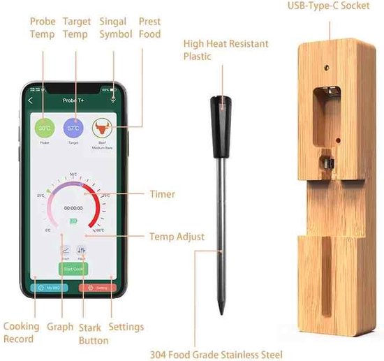 Celuxer™ Vleesthermometer Draadloos met App - BBQ Thermometer met Bluetooth - Oventhermometer - BBQ accesoires - Zwart - celuxer™