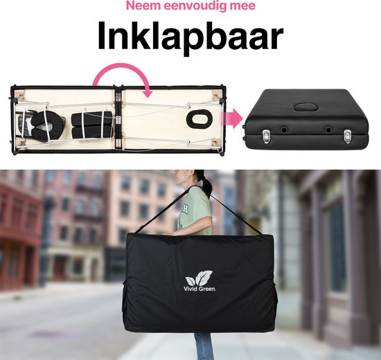 Vivid Green Massagetafel 3 zones - Inklapbaar - Max Draagvermogen 230 KG - 8 Hoogtestanden - Behandelbank - Behandeltafel - Bed - Incl. Opbergtas