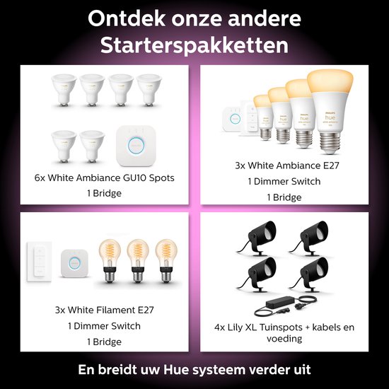 Philips Hue Lily Basisset Voordeelpakket van 4 Tuinspots (Antraciet) - Wit en Gekleurd Licht - Incl. 1 Voedingskabel - Tuinverlichting - Hue White and Color Ambiance