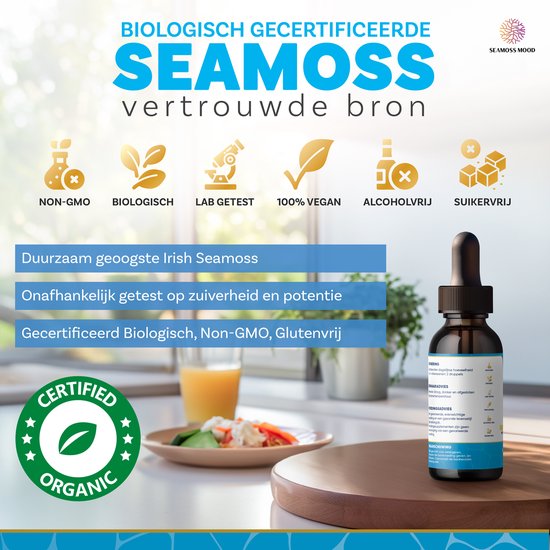 Biologisch gecertificeerde Seamoss druppelfles naast een glas sinaasappelsap, salade en icoontjes voor non-GMO, biologisch, lab getest, vegan, alcoholvrij en suikervrij.
