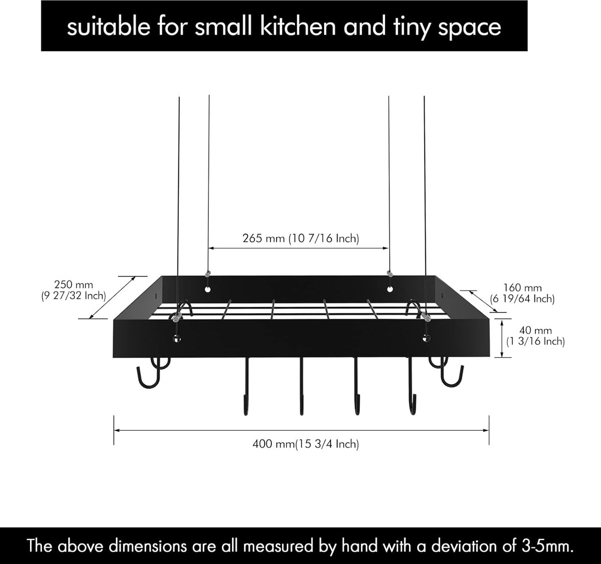 KES Pannenhouder Dubbele Keukengerei Keuken Hangende Plank 75CM Wandplank Pannen Hanger Wandmontage Mat Zwart, KUR218S75B-BK