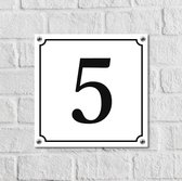 Huisnummerbord Wit Dibond Deluxe - Nummer 5 - incl. bevestiging | - naambord - nummerbord - voordeur | formaat 12 x 12 cm | - huisnummerbordje - nummerbord - voordeur