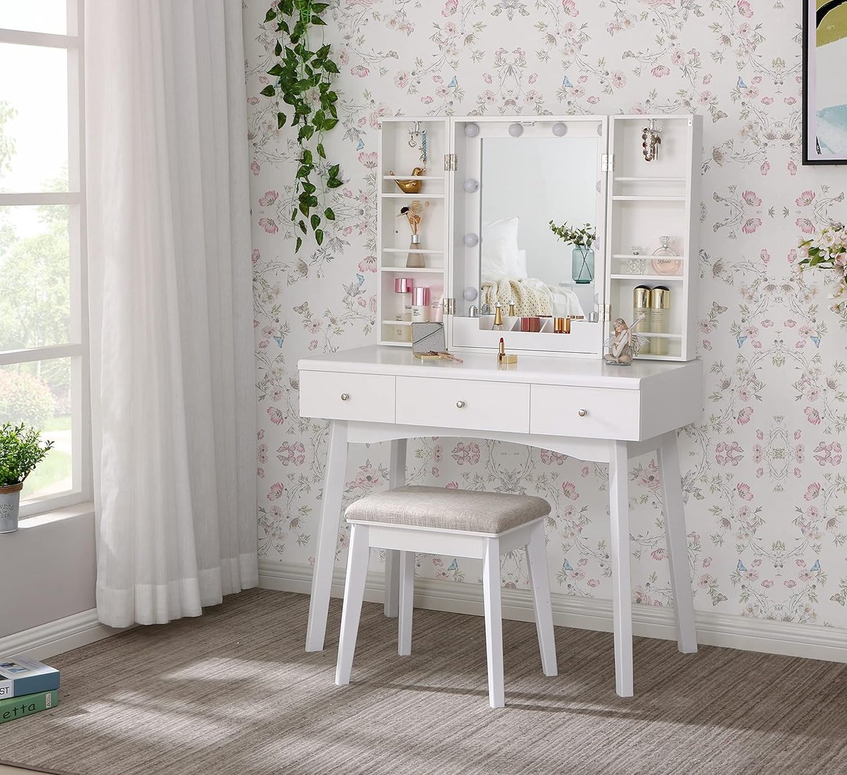 Coiffeuse Avec Miroir LED Et Tabouret - Meuble Maquillage 3 Tiroirs Blanc Avec Rangement - Idéal Pour Filles