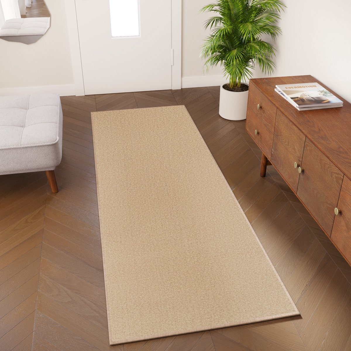 Tapiso Mono Loper Kleed Beige Effen Gang Laagppolig Vloerkleed Maat- 100x450