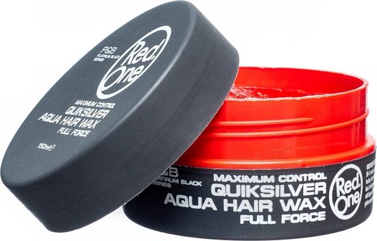 Pot noir Red One Maximum Control Quiksilver Aqua Hair Wax 150ml, couvercle entrouvert, contenu rouge.