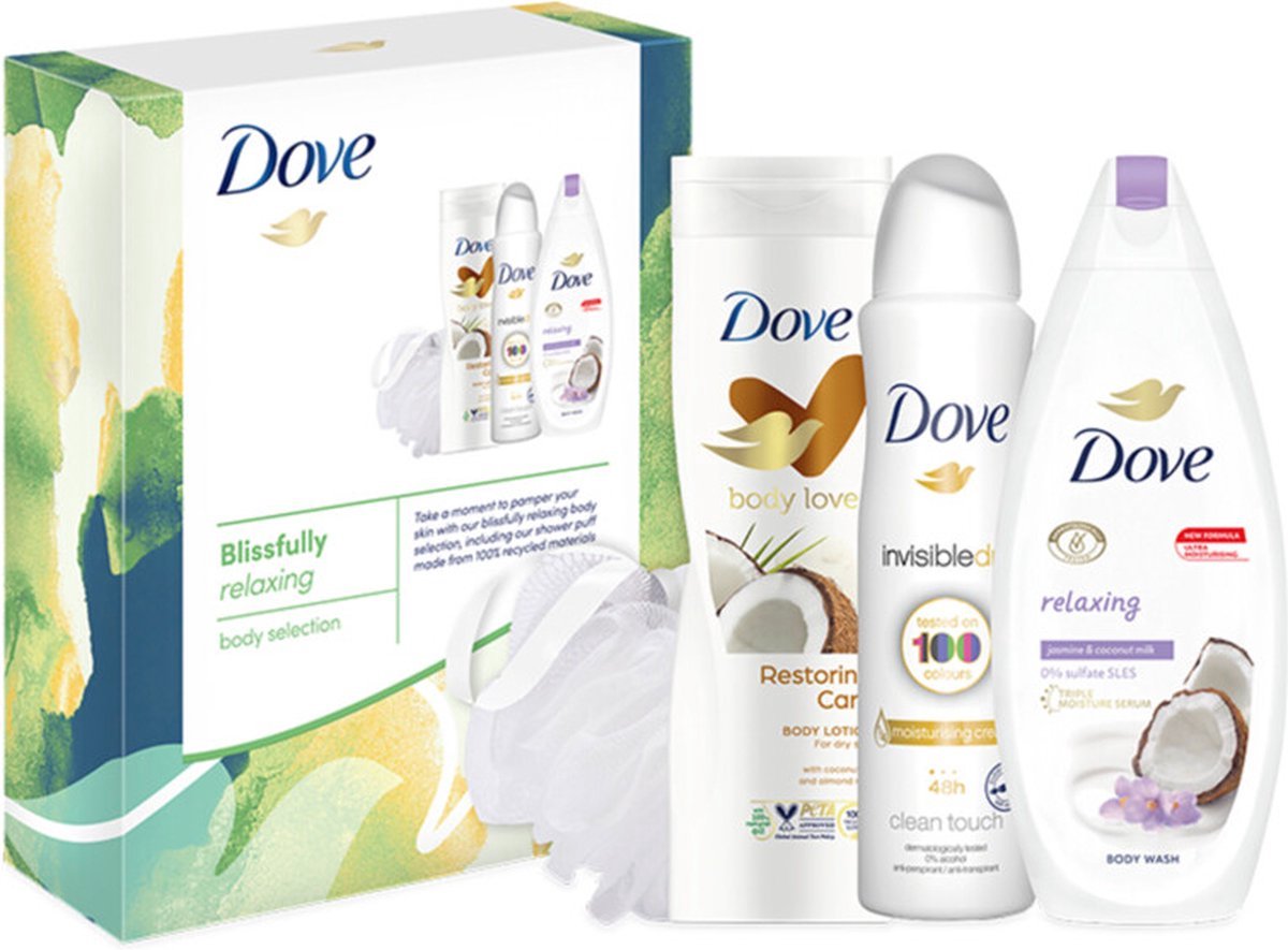 Goedkoopste Dove Geschenkset - Blissfully Relaxing - Douchegel / Bodylotion / Deo / Puff - 12 Stuks