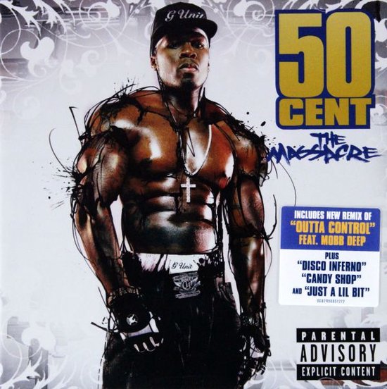 50 Cent The Massacre album cover met rapper 50 Cent in G Unit pet en zilveren ketting.