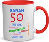 Akyol - sarah 50 jaar jong koffiemok - theemok - rood - 49+1 - mensen die 50 zijn geworden - 50 jaar sarah en abraham cadeau - jubileum man en vrouw - mok met opdruk - verjaardagsmok - grappige tekst mok - jarig - verjaardag - 350 ML contenu