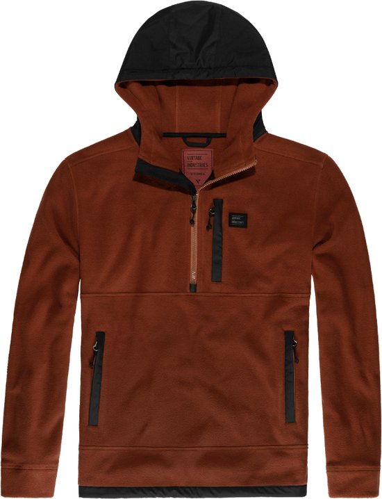 Bruine fleece trui met zwarte capuchon, zwarte accenten en ritsen. Vintage Industries logo op de borst.