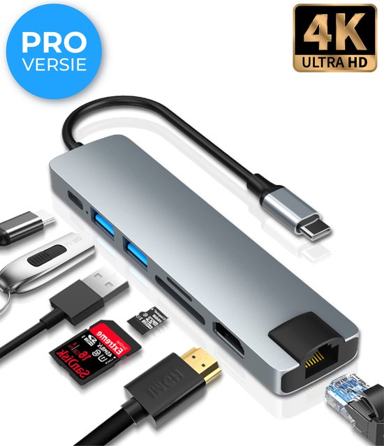 Nuvance - USB C Hub 3.0 – 7 Poorten - USB Splitter met Ethernet - USB C naar HDMI - USB Hub 3.0 - Docking Station Laptop - Micro SD Card Reader - HDMI 4K - Grijs