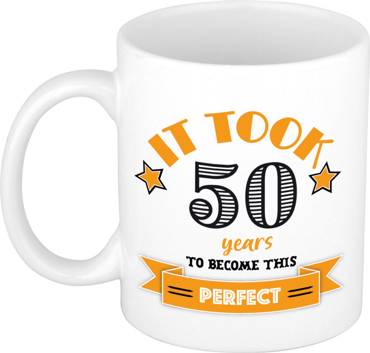 Bellatio Decorations Verjaardag cadeau mok 50 jaar - oranje - grappig - 300 ml - Sarah/Abraham
