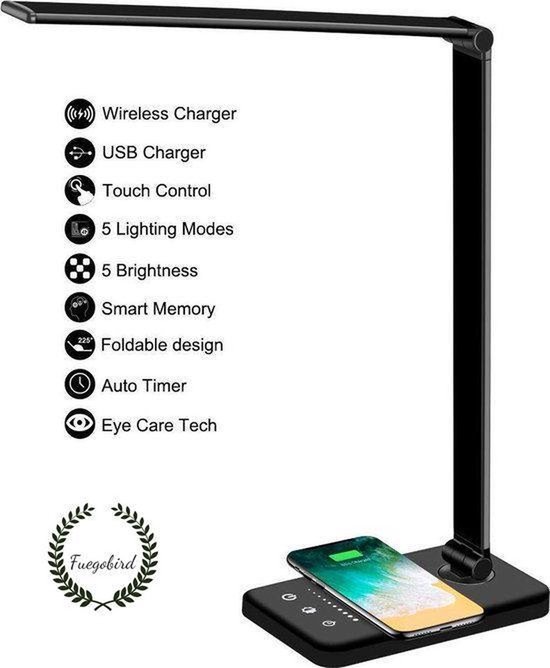 Fuegobird EK009 LED Bureaulamp – Bedrade – Draadloos Opladen Voor Telefoon – Dimbaar – Opvouwbaar – Smart Touch - Qi-Technologie – Zwart