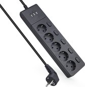 Allteq - 5 voies - 3x USB A - Interrupteur - Câble de connexion de 2 mètres - Zwart