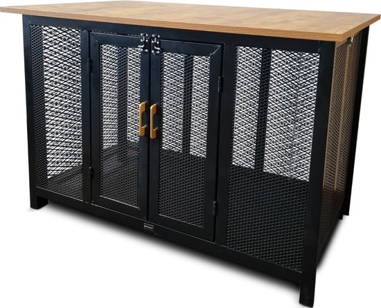 Hondenbench Grandes - Luxe Metalen Bench Zwart - Luxueus Design voor Woonkamer - 2 Deuren - Houten Blad omhoog te klappen - Hondenhok - Premium Bench voor Hond en Puppy - 118.5 x 78 x 83 CM