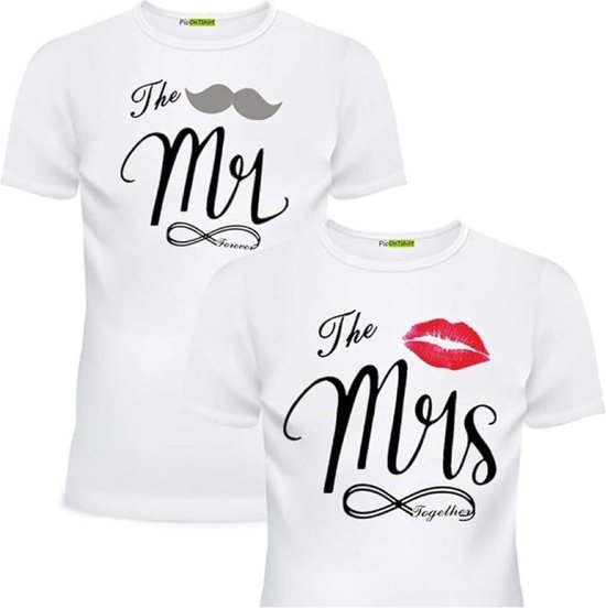 PicOnTshirt - Teetalks Series - T-Shirt Dames - T-Shirt Heren - T-Shirt Met Print - Couple T-Shirt Met Mr. and Mrs. Print - 2 Pack - Wit - Heren S/Dames XL