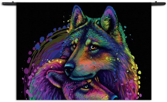 Velours Wandkleed Colored Wolves Rechthoek Horizontaal XL (105 X 150 CM) - Wandkleden - Met roedes