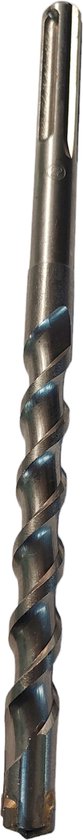 Zilverkleurige SDS Max betonboor met spiraalvormige groeven en een getrapte punt.
