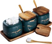 Kruidenpotjes, set van 3 keramische suikerpotjes met deksel en lepel, bamboe voor huis en keuken, alternatief voor kruidenstandaard en kruidenrek voor keuken en eettafel, groen marmerpatroon