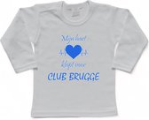 Brugge Kinder t-shirt Lange Mouw | "Mijn hart klopt voor CLUB BRUGGE | Verjaardagkado | verjaardag kado | grappig | jarig | Brugge | CLUB BRUGGE | cadeau | Cadeau | Wit/blauw | Maat 92