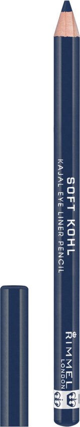 Donkerblauwe Rimmel London Soft Kohl Kajal oogpotlood met dop ernaast. Tekst: SOFT KOHL KAJAL EYE LINER PENCIL, RIMMEL LONDON.