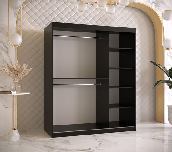 Armoire à portes coulissantes Armoire 2 portes coulissantes Armoire armoire de chambre Tringle à vêtements avec étagères (LxHxP) : 150x200x60 cm - Rumble I (Zwart, 150)