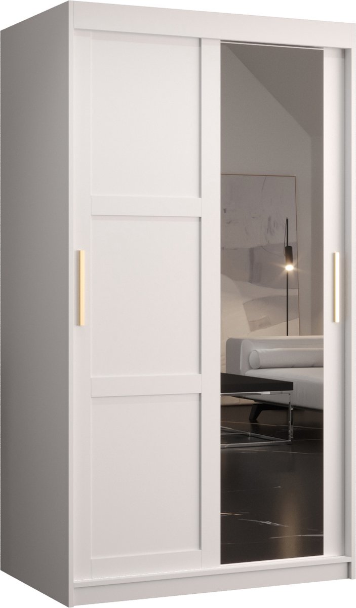 AJE Meubles B.V. Zweefdeurkast met spiegel Kledingkast met 2 schuifdeuren Garderobekast slaapkamerkast Kledingstang met planken (LxHxP): 100x200x60 cm - Rumble II (Wit, 100) met lades