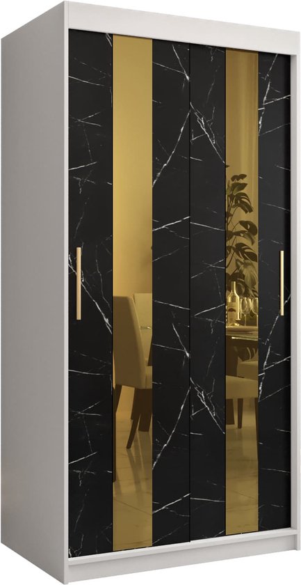 Zweefdeurkast met spiegel Kledingkast met 2 schuifdeuren Garderobekast slaapkamerkast Kledingstang met planken (LxHxP): 100x200x62 cm - Denlo P (Wit + Zwart, 100)