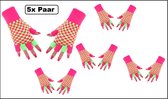 5x Paar luxe handschoen vingerloos neon roze/groen/geel geblokt - Feest festival thema feest party optocht themafeest