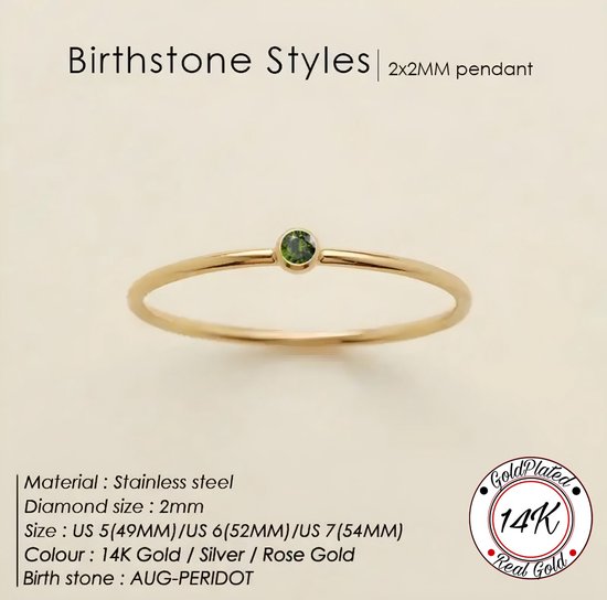 Soraro Birthstone Ring | Augustus |16mm | 14K Goldplated | Goud | Cadeau Voor Haar | Cadeau Voor Vriendin | Verjaardag Cadeau | Moederdag Cadeau | Cadeau Ideeën
