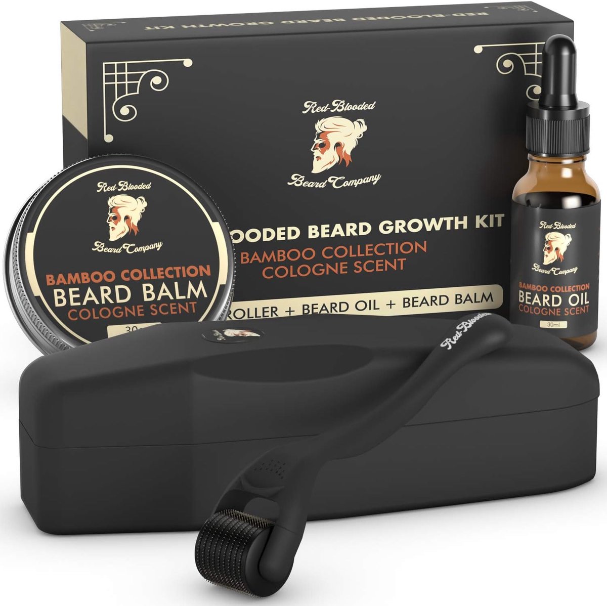 Red-Blooded Baardwasset – baardroller + baardolie + baardbalsem – stimuleert de groei van baard en haar – geparfumeerd in Keulen – set voor heren – verzorging voor de baard