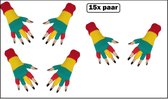 15x Paar luxe handschoenen vingerloos rood/geel/groen - Bundel voordeel - Carnaval thema feest party festival optocht limburg