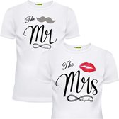 PicOnTshirt - Teetalks Series - T-Shirt Dames - T-Shirt Heren - T-Shirt Met Print - Couple T-Shirt Met Mr. and Mrs. Print - 2 Pack - Wit - Heren L/Dames M