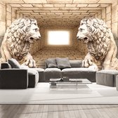 Fotobehangkoning - Behang - Vliesbehang - Fotobehang Leeuwen Standbeelden voor de 3D Tunnel - Mystery of lions - 350 x 245 cm