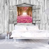 Fotobehangkoning - Behang - Vliesbehang - Fotobehang - Uitzicht op de Bloemen door het Raam 3D - 100 x 70 cm