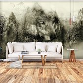Fotobehangkoning - Behang - Vliesbehang - Fotobehang Wolf - Bos - Mountain Predator (Beige) - 100 x 70 cm