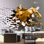 Fotobehangkoning - Behang - Vliesbehang - Fotobehang 3D Gebroken Muur - Verf - Stenen - Saffron  afflatus  - 300 x 210 cm