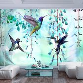 Fotobehangkoning - Behang - Vliesbehang - Fotobehang - Magische Kolibries bij de Bloemen - Kleurrijke Kolibrie - VogelsFlying Hummingbirds (Green) - 350 x 245 cm