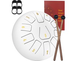 foto van Nuvance - Handpan - Incl. Lesboek, Vingerdrums en Opbergtas - Tongue Drum - Handpan Drum - Steel Tongue Drum - Wit