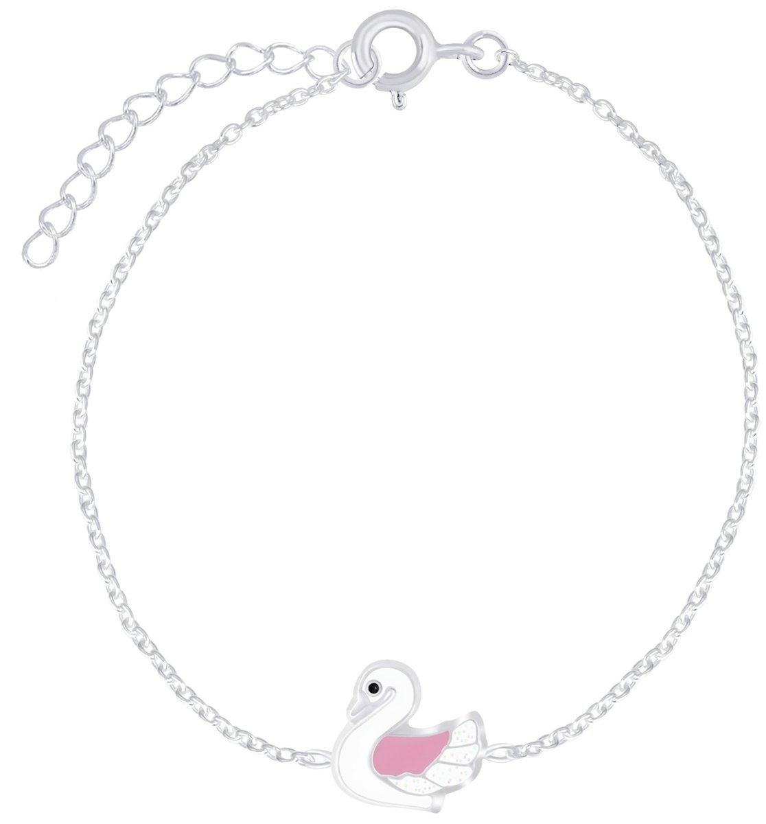 Joy|S - Zilveren zwaan armband 14 + 3 cm wit roze