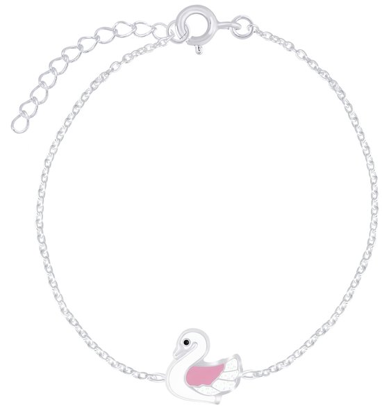 Joy|S - Zilveren zwaan armband 14  + 3 cm wit roze