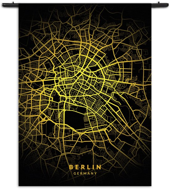 Velours Wandkleed Berlin Plattegrond Zwart Geel Rechthoek Verticaal S (85 X 60 CM) - Wandkleden - Met roedes