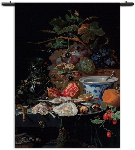 Mezo Wandkleed Abraham Mignon Stilleven met vruchten, oesters en een porseleinen kom 1660-1679 Rechthoek Verticaal M (125 X 90 CM) - Wandkleden - Met roedes
