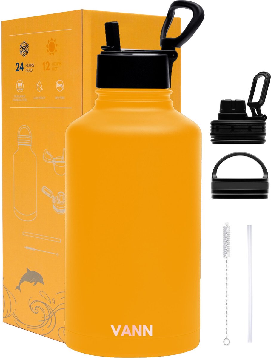 VANN® 3-Wandige waterfles 2 liter met rietje voor volwassenen – Met 5 accessoires + 25 recepten – RVS waterjug 2L – Oranje