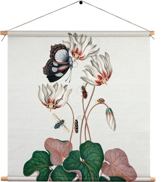 Textielposter Prent Natuur Vogel en Bloemen 12 Vierkant XL (60 X 60 CM) - Wandkleed - Wanddoek - Wanddecoratie