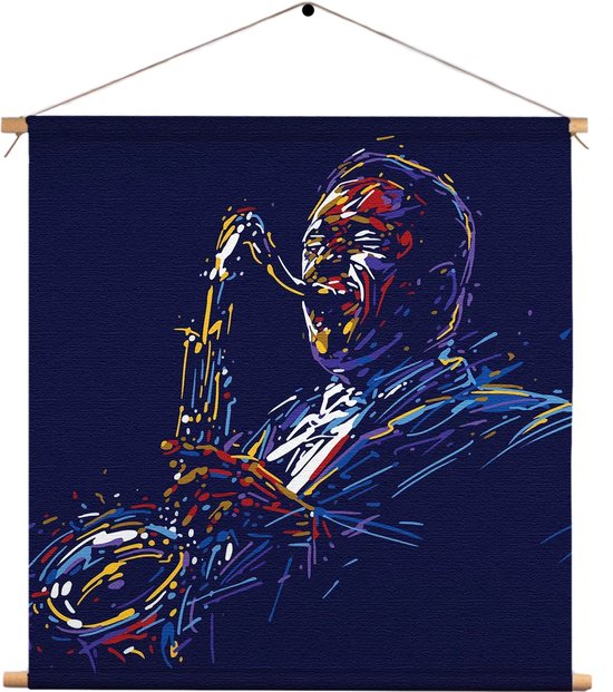 Textielposter Kleurrijke Saxofonist 01 Vierkant XL (60 X 60 CM) - Wandkleed - Wanddoek - Wanddecoratie
