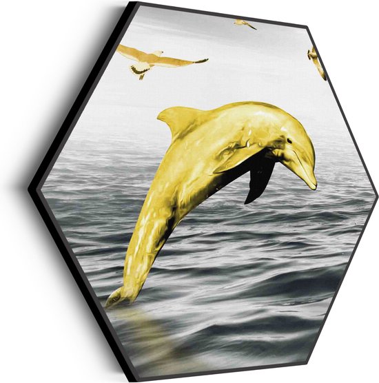 Akoestisch Schilderij Springende Dolfijnen Goud 02 Hexagon Basic XL (140 X 121 CM) - Akoestisch paneel - Akoestische Panelen - Akoestische wanddecoratie - Akoestisch wandpaneel