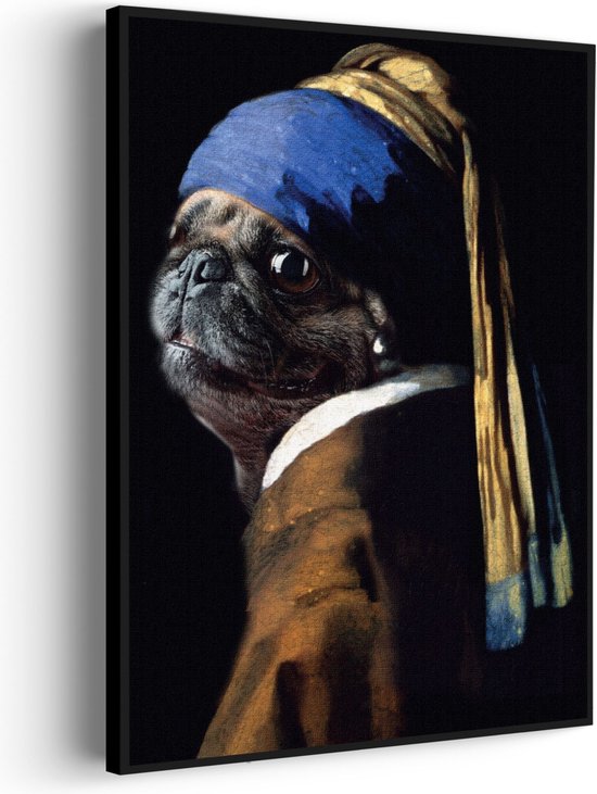 Akoestisch Schilderij Menselijke Bulldog Hond Als Meisje Met De Parel Rechthoek Verticaal Pro L (72 X 100 CM) - Akoestisch paneel - Akoestische Panelen - Akoestische wanddecoratie - Akoestisch wandpaneel