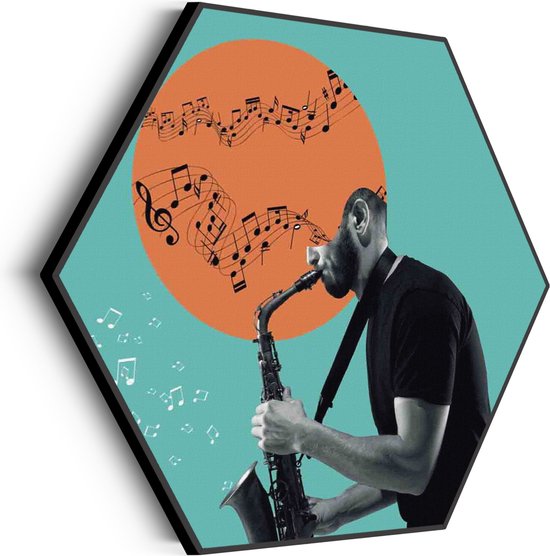 Akoestisch Schilderij Saxofonist Hexagon Basic XL (140 X 121 CM) - Akoestisch paneel - Akoestische Panelen - Akoestische wanddecoratie - Akoestisch wandpaneel