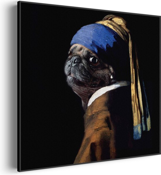 Akoestisch Schilderij Menselijke Bulldog Hond Als Meisje Met De Parel Vierkant Basic M (65 X 65 CM) - Akoestisch paneel - Akoestische Panelen - Akoestische wanddecoratie - Akoestisch wandpaneel