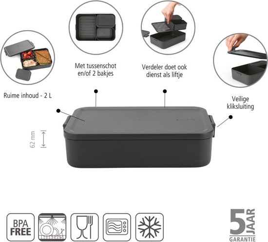 Donkergrijze Brabantia bento lunchbox met deksel, 2L inhoud, scheidingswand, twee bakjes, en veilige kliksluiting.
